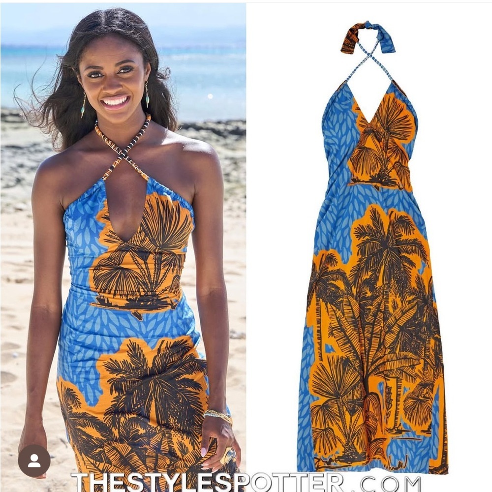 Johanna Ortiz Vida Salvaje Resort Halter Midi Dress Blue Orange Cotton Size 2